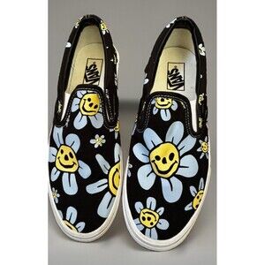 EUC Vans Classic Slip-On Trippy Grin Black Blue Daisy Smiley Face W10.5 M9